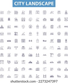 City landscape line icons, signs set. Urban, skyline, streetscape, skyline, architecture, metropolis, vista, hustle, bustle outline vector illustrations.