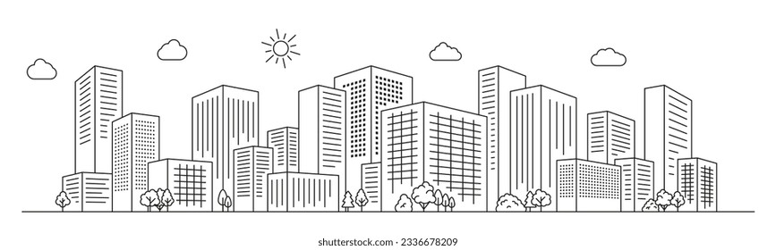 City landscape. Line urban backdrop. Skyline with clouds, different buildings on street, doodle street draw, outline cityscape hand sketch, flat houses. Outline graphic. Vector background