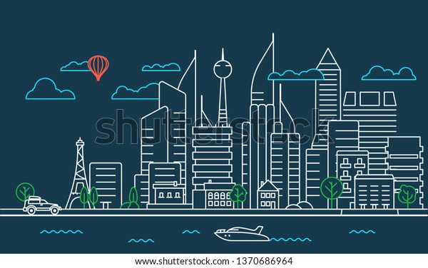 City landscape linear\
vector illustration. Modern downtown landscape with skyscrapers.\
City \
panorama 