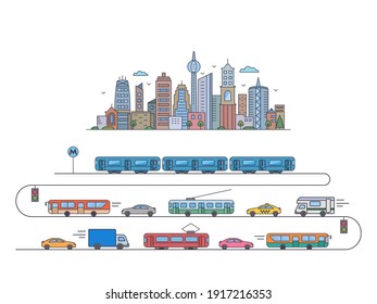 city landscape. city megalopolis with public transport. metro, triple bus, tram, bus, taxi in flat linear style. vector illustration isolated on white background