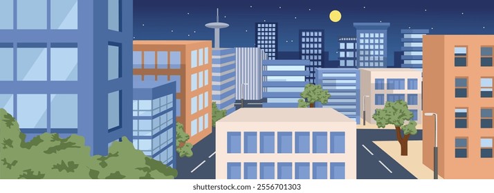 City landscape. Midnight town. Moonlight. Metropolitan. Residential area. Work at night building. Night at business district. Street lamps. Smart city. Big city. Apartment district. City park. 