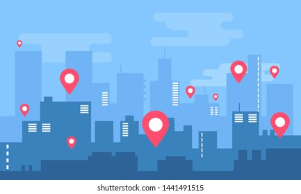 City landscape. Modern building architecture Urban cityscape skyline. Buildings silhouette with location pin. Big city streets. Vector illustration. Buying, selling and renting apartment app