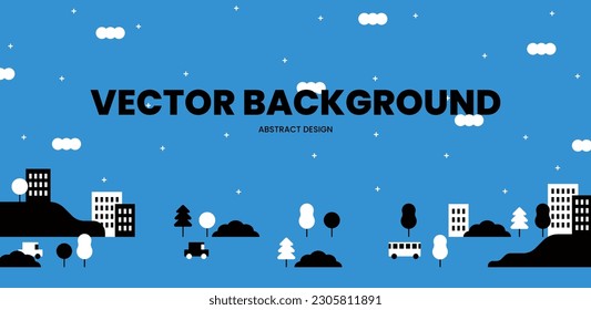 City landscape with modern building, hill, tree. Abstract horizontal banner. Urban background. Copy space. Header image for web. Trendy geometric flat design style minimal simple vector illustration.