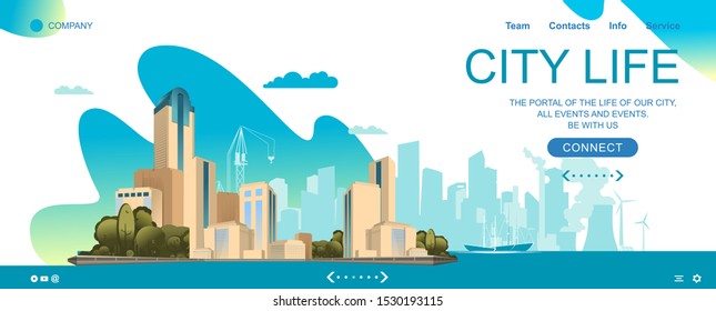 City landscape, modern buildings skyscrapers, smart city, horizontal banner, for the home page, vector illustration