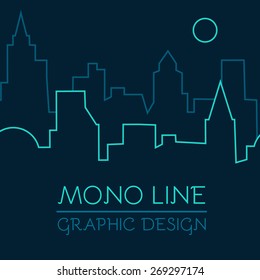 City landscape with moon in line style. Vector illustration