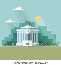 City landscape. municipal building, Hall, the Government, the court on the background. Construction public institution. Flat vector illustration.