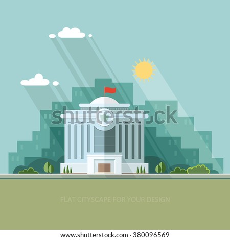 City landscape. municipal building, Hall, the Government, the court on the background. Construction public institution. Flat vector illustration.