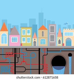 City landscape. Municipal pipe service. Urban heating system, underground water pipes and sewage. Pipes scheme and soil cross section. Vector illustration