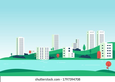 City landscape with new buildings. Architecture city development. Hills and trees near river or lake and new skyscrapers and houses. New, modern exteriors and facades.