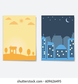 City  landscape night and day town banners isolated. Flat style urban vector illustration