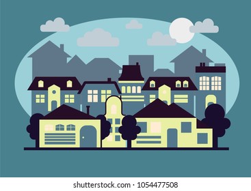 City landscape at night, flat illustration
