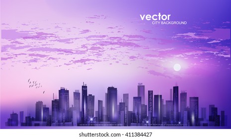 City Landscape At Night In Moonlight