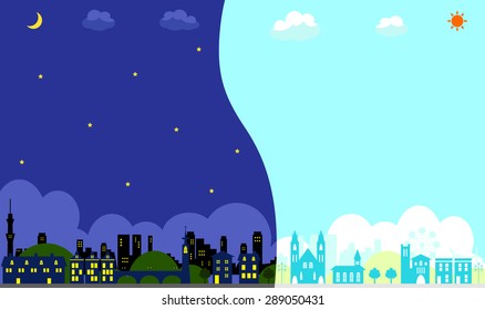 city landscape. night view and day view.