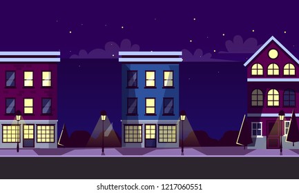 City landscape night view. Vector flat detailed skyline or panorama illustration. Modern urban living and office buildings street district architecture of skyscraper houses