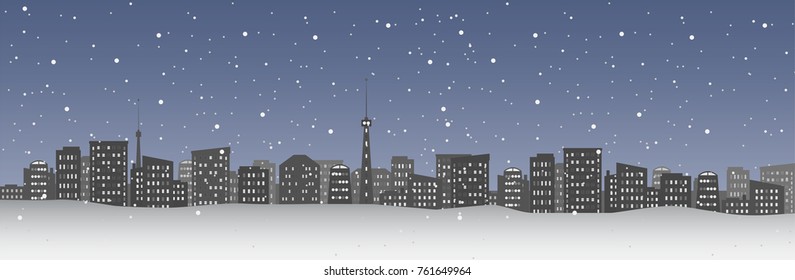 City Landscape at night in winter snow. vector