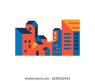 City landscape on isolated background. Flat houses and apartment buildings in colorful geometric style. Geometric cityscape. Graphic drawing of a building. Urban houses.