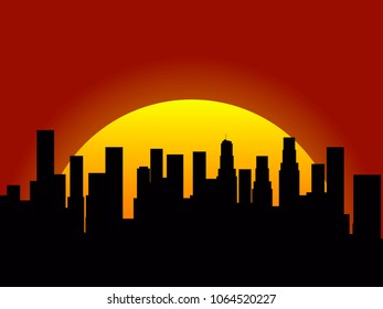 City landscape on a sunset background. Silhouette of skyscrapers and high-rise buildings. Sunrise or sunset. Vector illustration