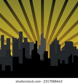 City landscape on a sunset background. Silhouette of skyscrapers and high-rise buildings. Sunrise or sunset. Vector illustration