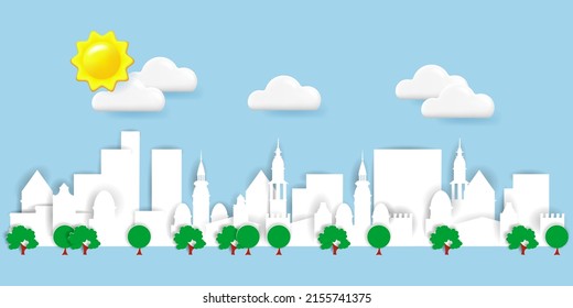 Stadtlandschaft in Papierschnitt Art. Realistische 3D-Sonne und -Wolken und Papierstadtbild