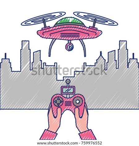 city landscape and people handle remote control with drone