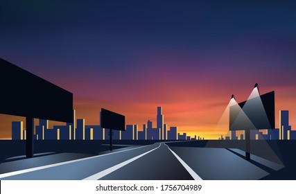 City landscape perspective. Road with bill boards. Colorful sunset.