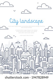 City Landscape Poster - Urban Landscape In Linear Style On White Background. Thin Line Vector Illustration.