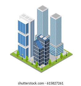 City Landscape Quarter and Skyscraper Building Isometric View Part of the Map with Architecture for Web and Game. Vector illustration