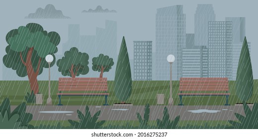 City landscape with rainy weather, thunderstorm. Rain in the park. Vector illustration in flat style