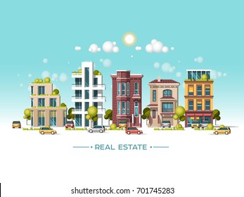 City landscape. Real estate and construction business concept. Modern architecture, buildings, hi-tech townhouses, cars, green roofs, skyscrapers. Flat vector illustration. 3d style.