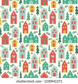 City landscape in retro colors. Seamless vector pattern with houses and trees.