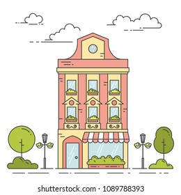 City landscape with retro house, trees and clouds in line art isolated on white background. Trendy urban skyline with cute multi storey building in flat vector illustration.