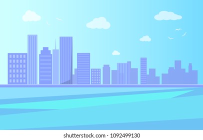 City landscape with river and skyscrapers on background in sunny day vector illustration in flat design. Modern high building, scenery of urban citycenter