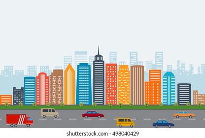 City landscape and road with cars in flat icon design under blue sky background (vector)
