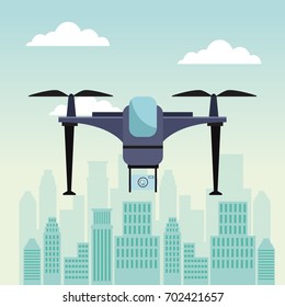city landscape scene with modern drone with two airscrew flying with base and device camera