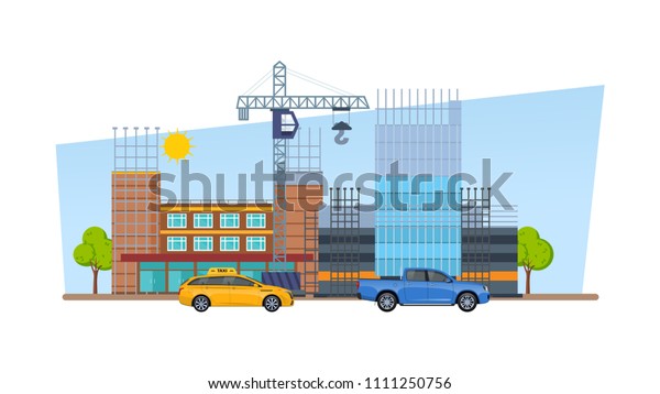 City landscape, scenery, streets, on\
background skyscrapers and industrial buildings. Transport taxi,\
car moving on city roads. Building work process with houses, crane.\
Vector illustration.