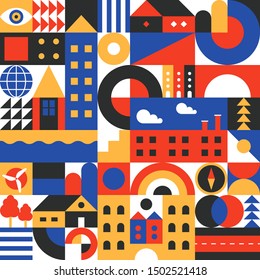City landscape. Seamless geometric pattern. Scandinavian minimalistic style. Bright colors with high contrast