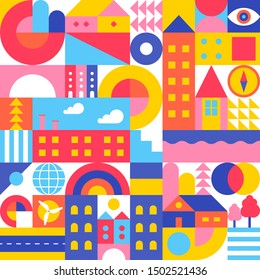 City landscape. Seamless geometric pattern. Scandinavian minimalistic style. Bright colors with high contrast