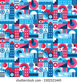 City landscape. Seamless geometric pattern. Scandinavian minimalistic style. Bright colors with high contrast