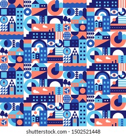 City landscape. Seamless geometric pattern. Scandinavian minimalistic style. Bright colors with high contrast