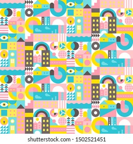 City landscape. Seamless geometric pattern. Scandinavian minimalistic style. Bright colors with high contrast