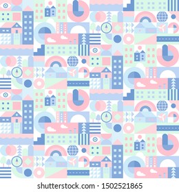 City landscape. Seamless geometric pattern. Scandinavian minimalistic style. Calm neutral colours with low contrast
