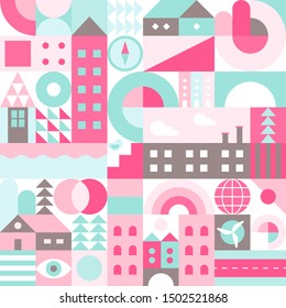 City landscape. Seamless geometric pattern. Scandinavian minimalistic style. Calm neutral colours with low contrast