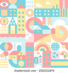City landscape. Seamless geometric pattern. Scandinavian minimalistic style. Calm neutral colours with low contrast
