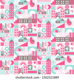 Stadtlandschaft. Nahtloses geometrisches Muster. Skandinavischer minimalistischer Stil. Ruhige neutrale Farben mit geringem Kontrast