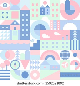 City landscape. Seamless geometric pattern. Scandinavian minimalistic style. Calm neutral colours with low contrast