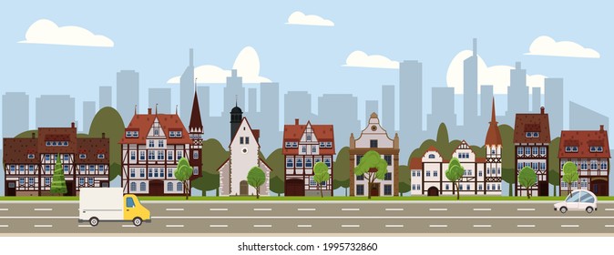 City landscape seamless horizontal illustration. Cityscape skyscrappers, suburban houses, downtown. Vector cartoon style