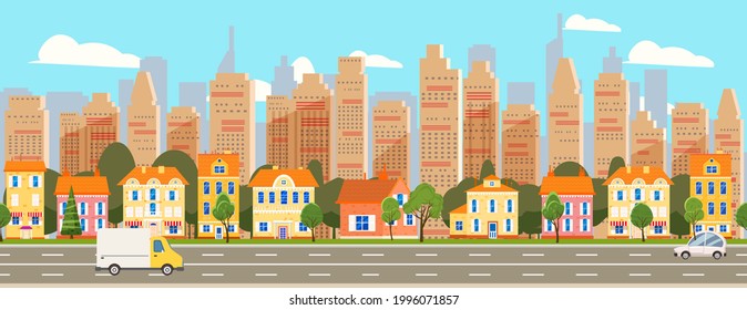 City landscape seamless horizontal illustration. Cityscape skyscrappers, suburban houses, downtown. Vector cartoon style