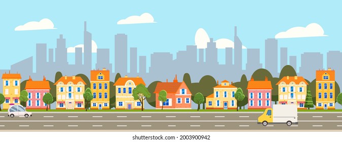 City landscape seamless horizontal illustration. Cityscape skyscrappers, suburban houses, downtown. Vector cartoon style