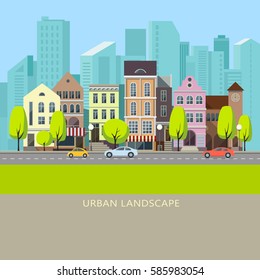  City landscape set with buildings, shop and stores,  transport, vector illustration.     Spring town.Vector illustration.