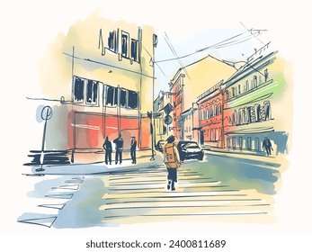 City landscape.  Sketch ink and watercolor. Hand-drawn illustration. Vector